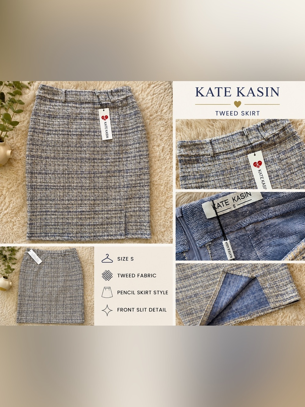 Tweed Pencil Skirt New w/Tags Front Slit. Kate Kasin. Size Small